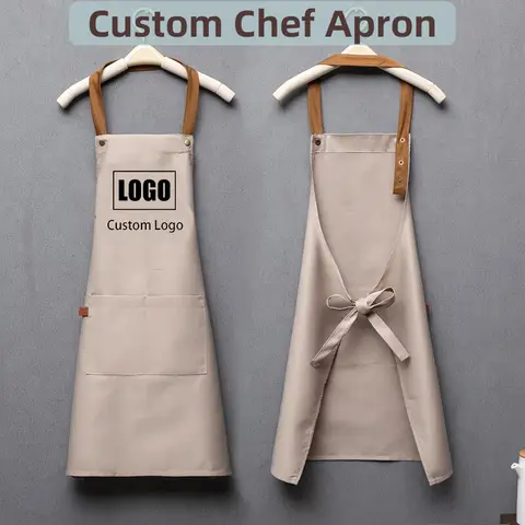 Aprons Embroidery Kitchen Customized Embroidery Print Logo Signature Waterproof Kitchen Home Chef Baking Clothes With Pockets Adult Bib Waist Bag Aprons