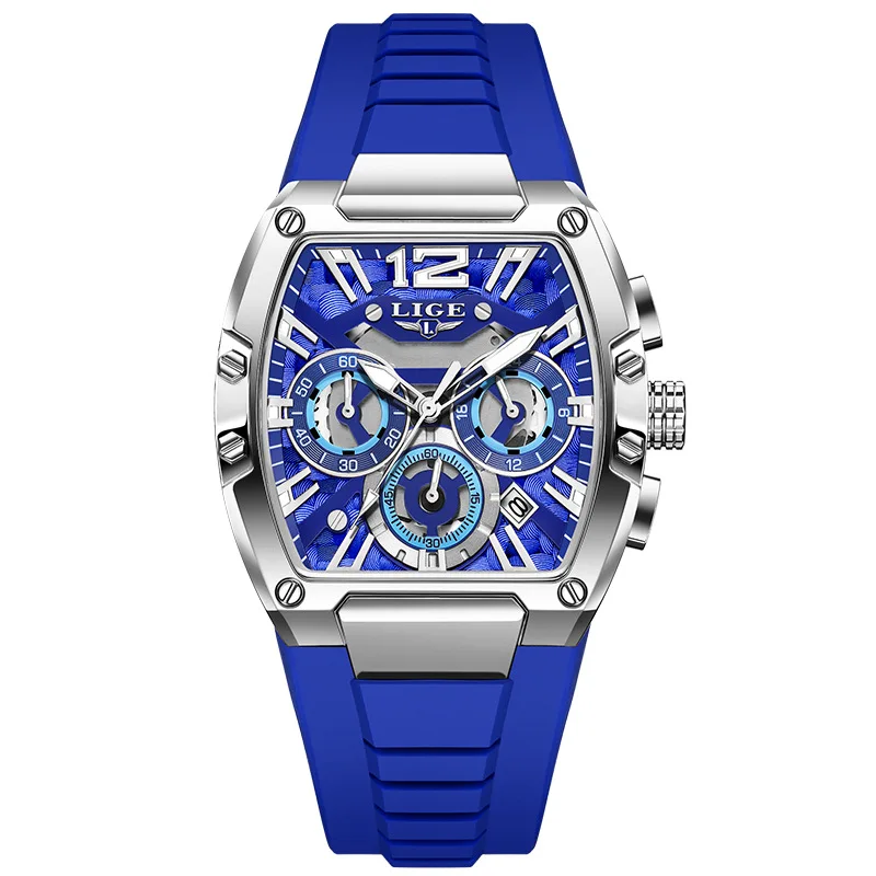 Tonneau Sport Waterproof Luminous Calendar Chronograph Quartz Watch for Men with Silicone Strap Wristwatch