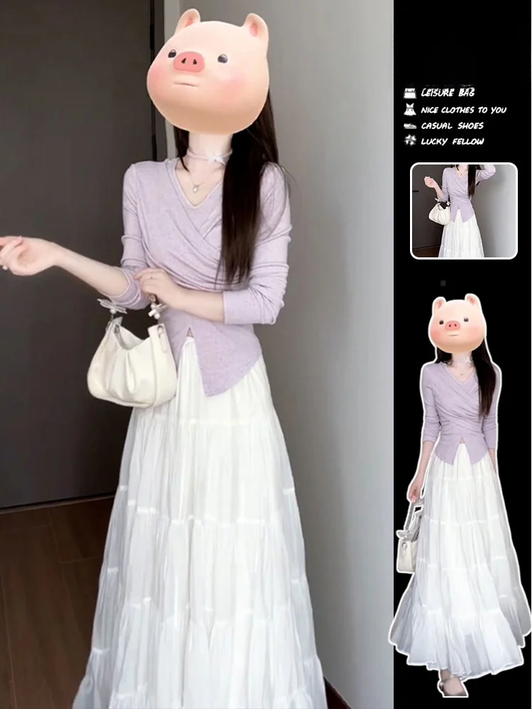 

Elegant Purple Long Sleeve Dress Set Women's Fashion Spring 2026 New Arrival Gentle Style Long Dress Ensemble Two-Piece Suit