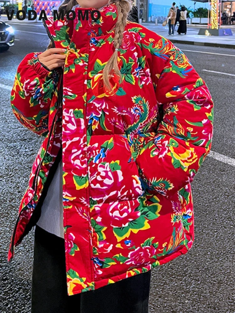 Nieuwe pufferjas chique bloemenprint rits vintage parka's Y2k opstaande nek losse grunge dikkere jassen Chinese stijl herfst winter