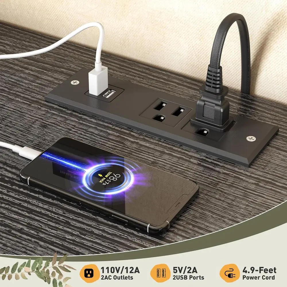 Estação de carregamento para quarto DAFIFY e cômoda com luz LED, grande corredor/sala de estar, entrada, estrutura de metal, cômoda e baú preto, 50.6