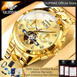 OUPINKE 3240 Skeleton Flywheel Multifunctional Automatic Mechanical Watches for Men 44mm Large Dial Tungsten Steel Luxury Watch