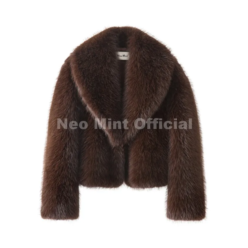 Neo Mint Winter 2025 Trendy Brown Obsession Cropped Shawl Collar Faux Fur Coat Women Jacket Chic Girls Brand Fox Fur Outerwear