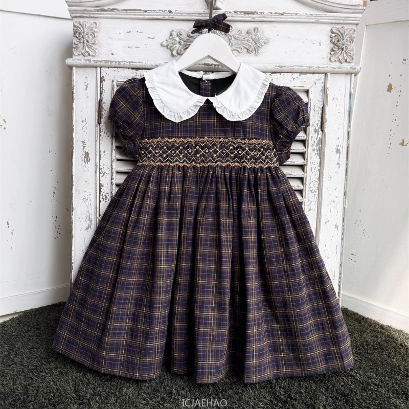 

Teen Girl Clothes 2025 Children Vintage Dark Plaid Hand Girls Short Sleeve Dress White Doll Collar Outfit Smocked Costume Kids