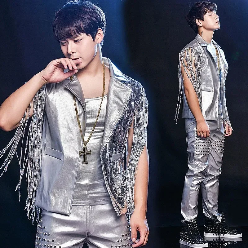 Silver Jazz Dance Costumes, Sequins, Stage Costumes, Nightclubs, Male Singers, DJs, Hip-hop Performance Costumes Korean Boy Band