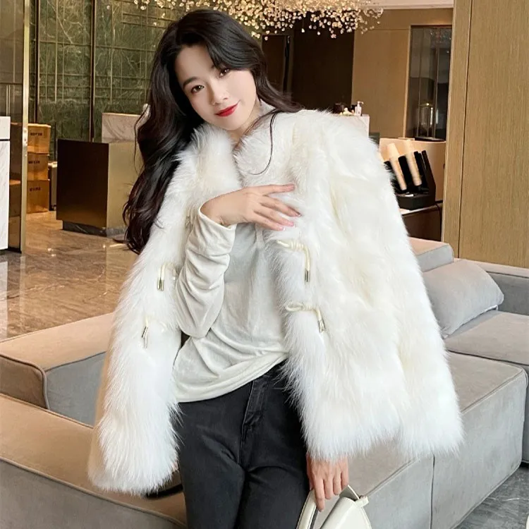 

Women Faux Fox Fur Coats Solid Jackets Stand Collar Long Sleeves Single Breasted Thick Warm Fur Loose Casual 2025 Autumn Winter