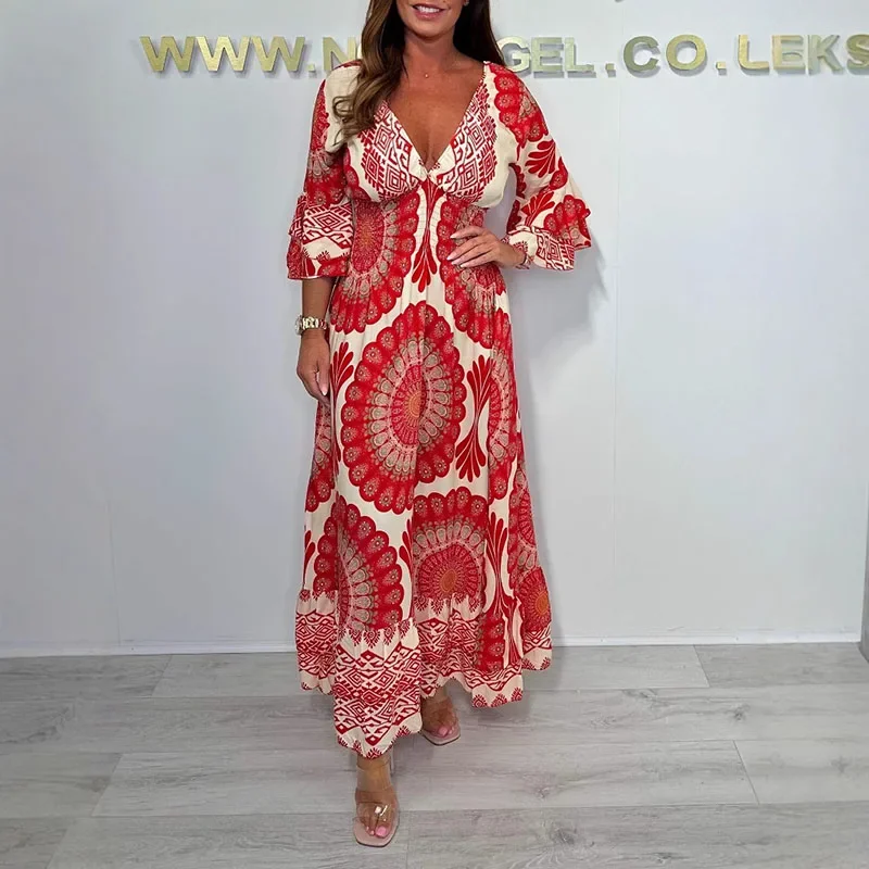봄 여성의 높은 허리 Boho 드레스 새로운 레트로 인쇄 v-목 휴가 드레스 여름 패션 나비 슬리브 느슨한 통근 드레스