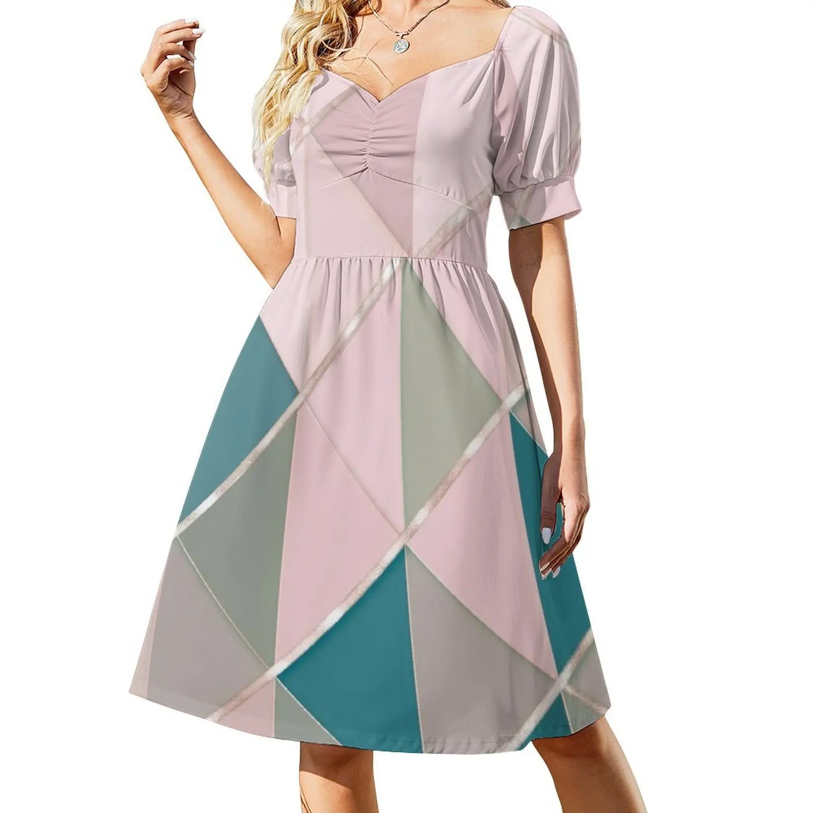 هندسة الباستيل الناعمة مع خطوط فستان بوهيمي عتيق بأكمام منتفخة أو خيارات بدون أكمام للنساء فستان باستيل ناعم