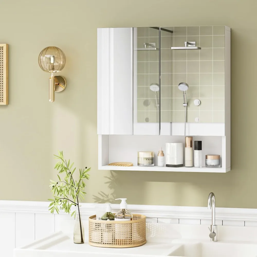 

Bathroom Mirror with Storage Function, Embedded Medicine Cabinet with Mirror, Equipped with 2 Doors and Adjustable Shelves