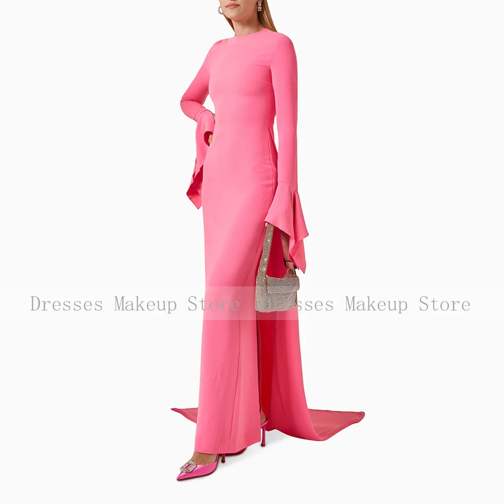 Pink Wedding Guest Dresses for Women 2024 Column Long Sleeves Elegant Evening Dress O Neck Elegant Formal Party Gowns Maxi