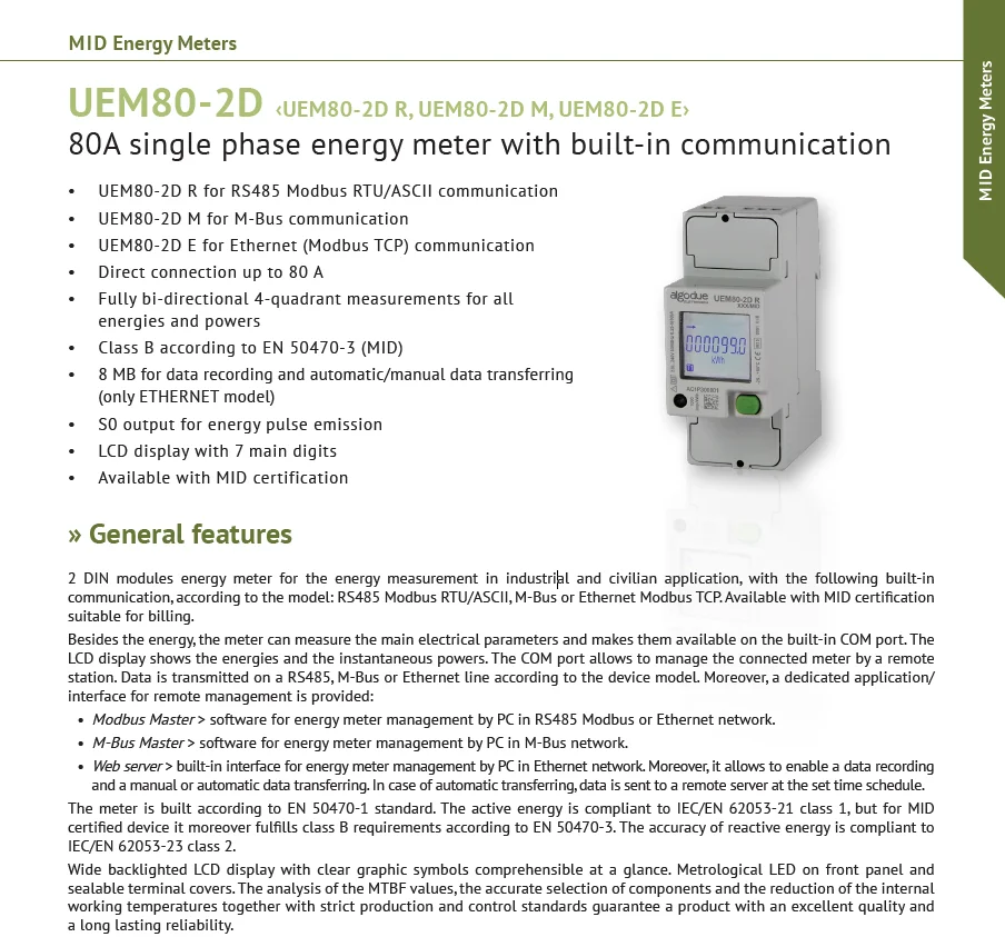 For South America Single Phase Smart Meter Modbus UEM80-2D Algodue Made in Italy Energy Meter