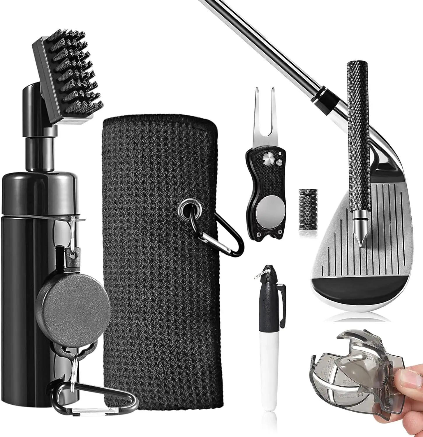 

Golf Club Cleaning Kit with Water Towel Divot Tool Groove Sharpener Ball Alignment Golf Accessories suit for Women Men