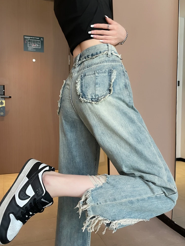 

Прямые джинсы с высокой талией, женские джинсы больших размеров, летние свободные широкие брюки с потертостями по подолу, хлопковая эластичная джинсовая ткань