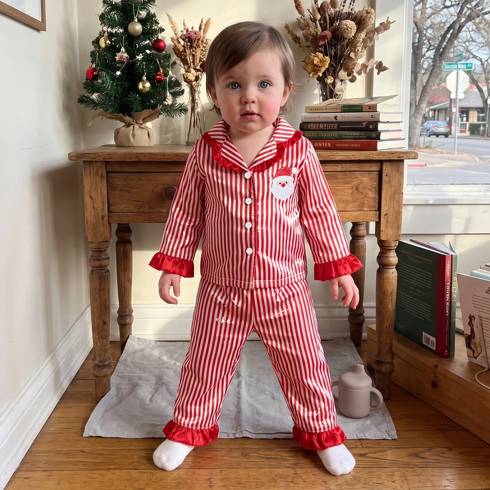 2027 Fashion Children Kids Girls Christmas Pajamas Sets Satin Striped Santa Claus Long Sleeve Shirts with Pants Sleepwear