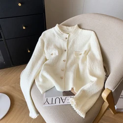 New 2026 Autumn Winter Cashmere Sweater Women Korean Style Casual Ruffles White Pink Red Long Sleeve Knitted Cardigans For Women