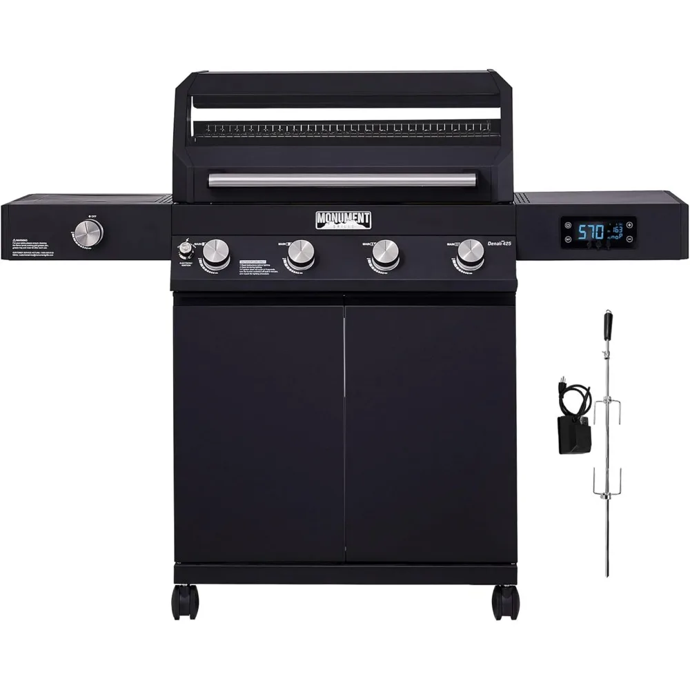 4-Burner Liquid Propane Gas Smart bbq Grill Denali 425 with Stainless Steel Rotisserie Kit(2 Items)