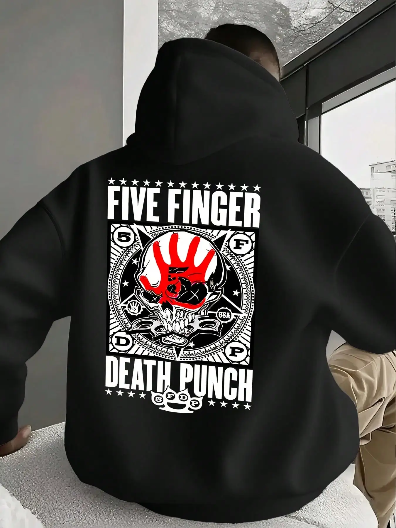 Men's Gothic Punk Pattern Hoodie, Featuring The Design Of The Five Finger Death Punch Band With Skulls And FFDP Logos, Kangaroo Pocket, Drawstrin