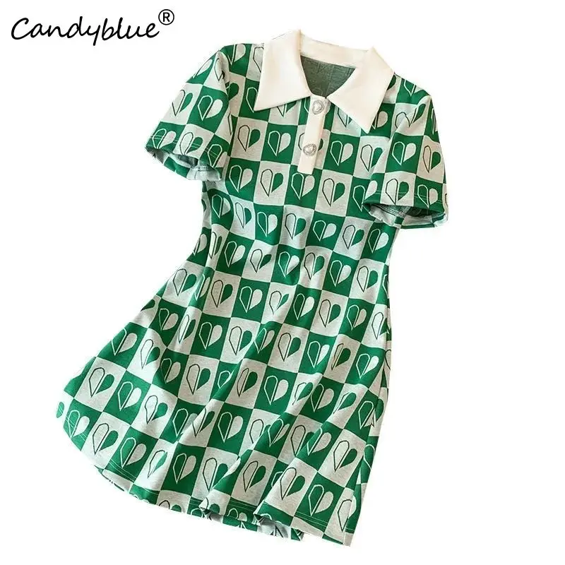 Green Plaid Fashion Dress Spring And Summer 2023 New Advanced Sense Slim Fit Polo Collar Mid-length A-line Skirt Women's Dresses