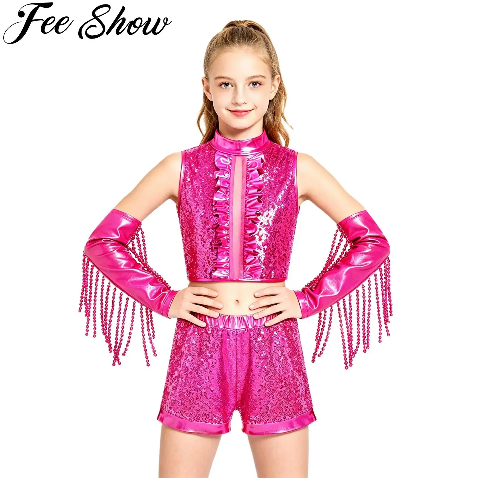 Kids Girls Shiny Sequins Hip Hop Jazz Street Dance Performance Outfit Sleeveless Metallic Crop Top with Shorts Tassel Gloves