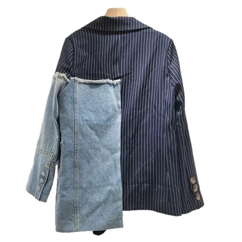 

Autumn Women Korean Irregular Stripe Patchwork Suit Jacket Casual Notched Collar Single-Breasted Long Sleeve Female Blazers Coat