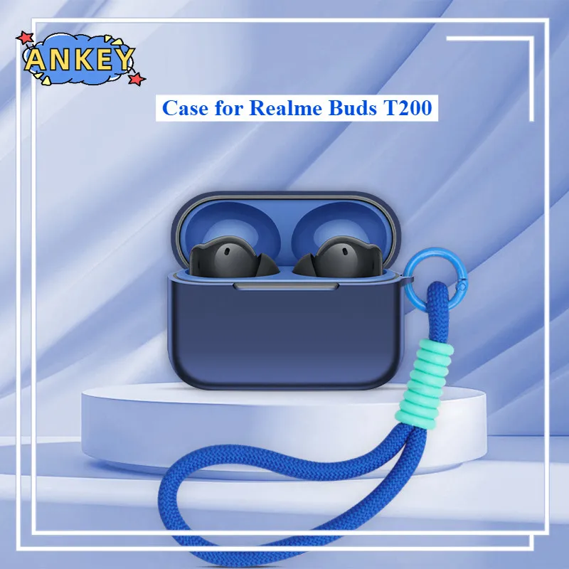 

Чехол для Realme Buds T200, мягкий силиконовый защитный портативный ударопрочный корпус с карабином и ремешком