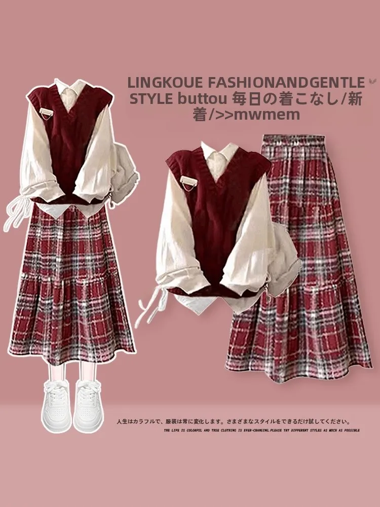 Conjunto de Año Nuevo a cuadros rojos para mujer, camisa y chaleco de talla grande, traje de tres piezas para otoño e invierno, falda larga de cintura alta