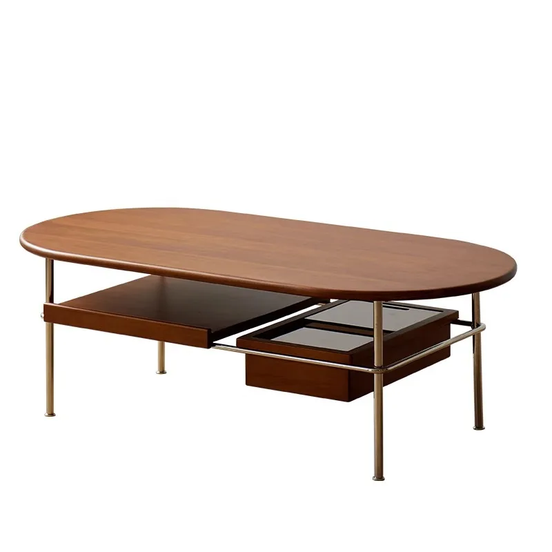 

Nordic retro solid wood coffee table small apartment living room multi-functional simple stainless steel oval tea table