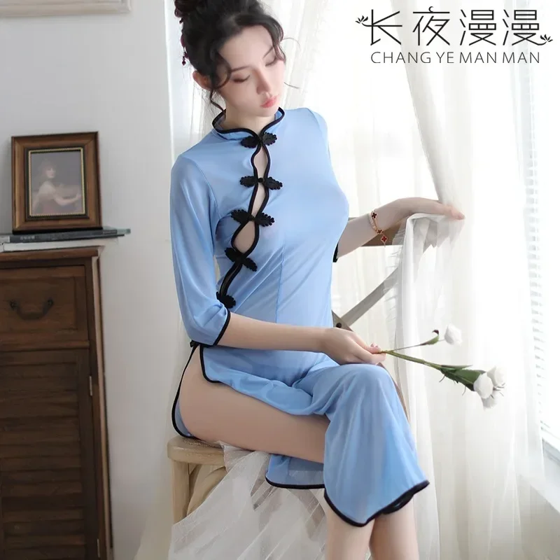 

Modern Vintage Qipao Lingerie Set - Sheer Mesh Teddy & Cheongsam Nightdress | European-Inspired Role-Play Costume