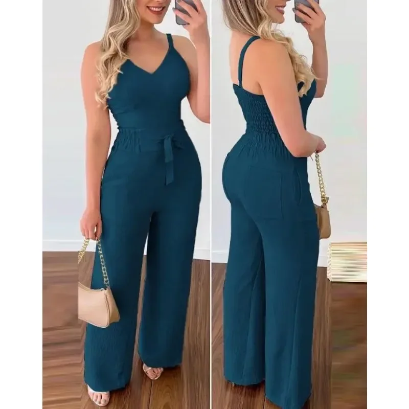 Summer Woman Long Jumpsuits Elegant Sexy V-Neck Shirred Cami Top & High Waist Pants Set New Fashion Casual One Pieces