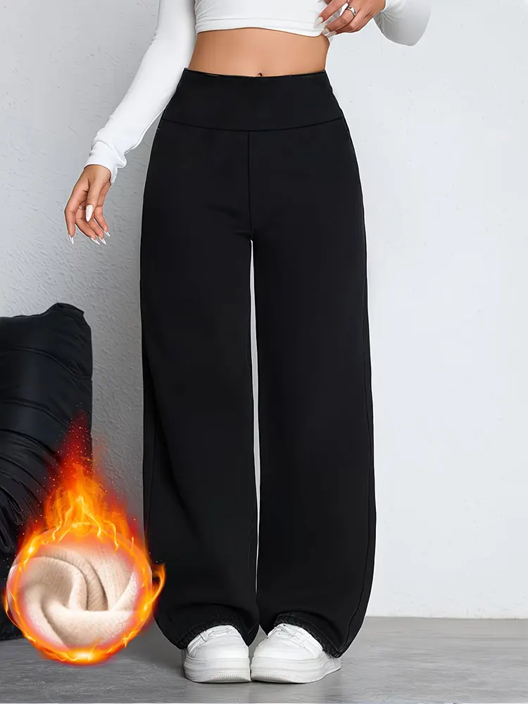 Fleece Straight Leg Wide Leg Pants For Winter Warmth Fleece Thickened Leggings Double Sided Fleece Versatile Casual Long Pants