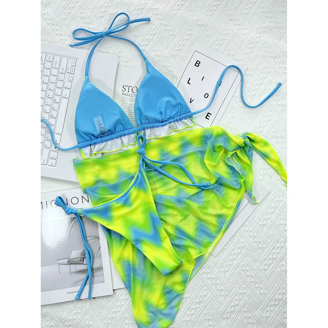 Mit Sarong Halter Tie Dye Bikini Damen Bademode, dreiteiliges Bikini-Set, gepolsterter Badeanzug, Badebekleidung, Schwimmanzug V4571 – Detail 16