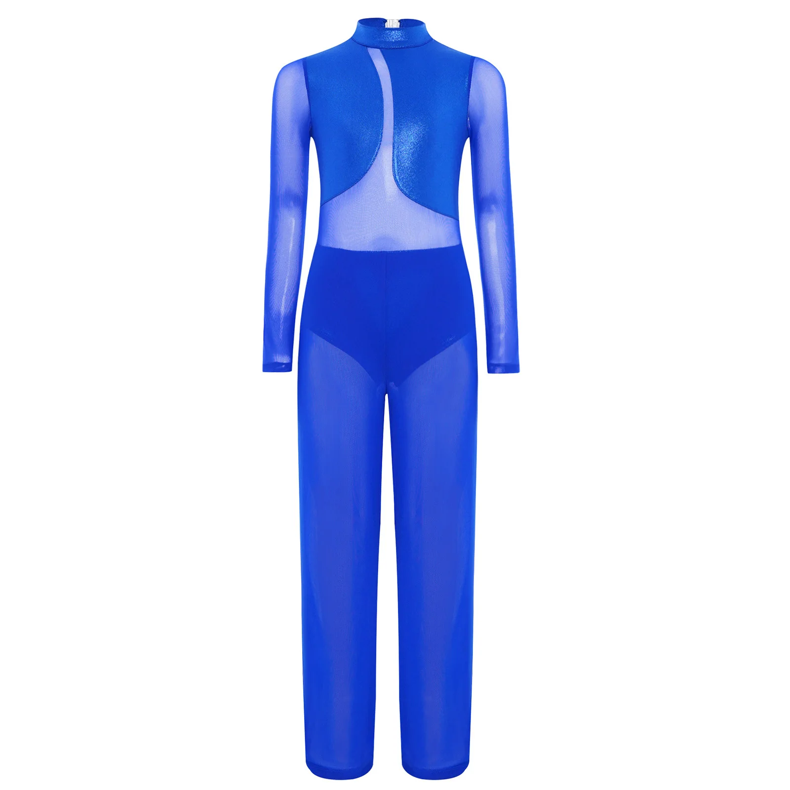 Kids Girls Ballet Dance Gymnastics Leotard Figure Skating Acrobatics Bodysuit Sheer Mesh Long Sleeve Metallic Full Body Jumpsuit