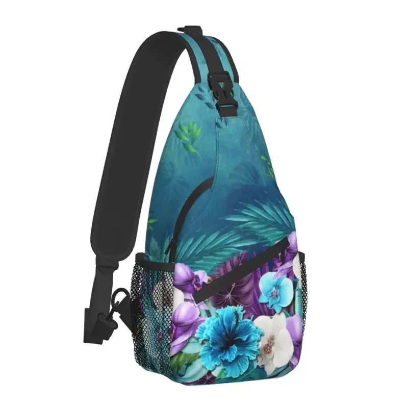 Blue Hawaiian Forest Sling Chest Bag Exotic Flowers Tropical Plants Crossbody Shoulder Backpack for Men Travel Hiking Daypack