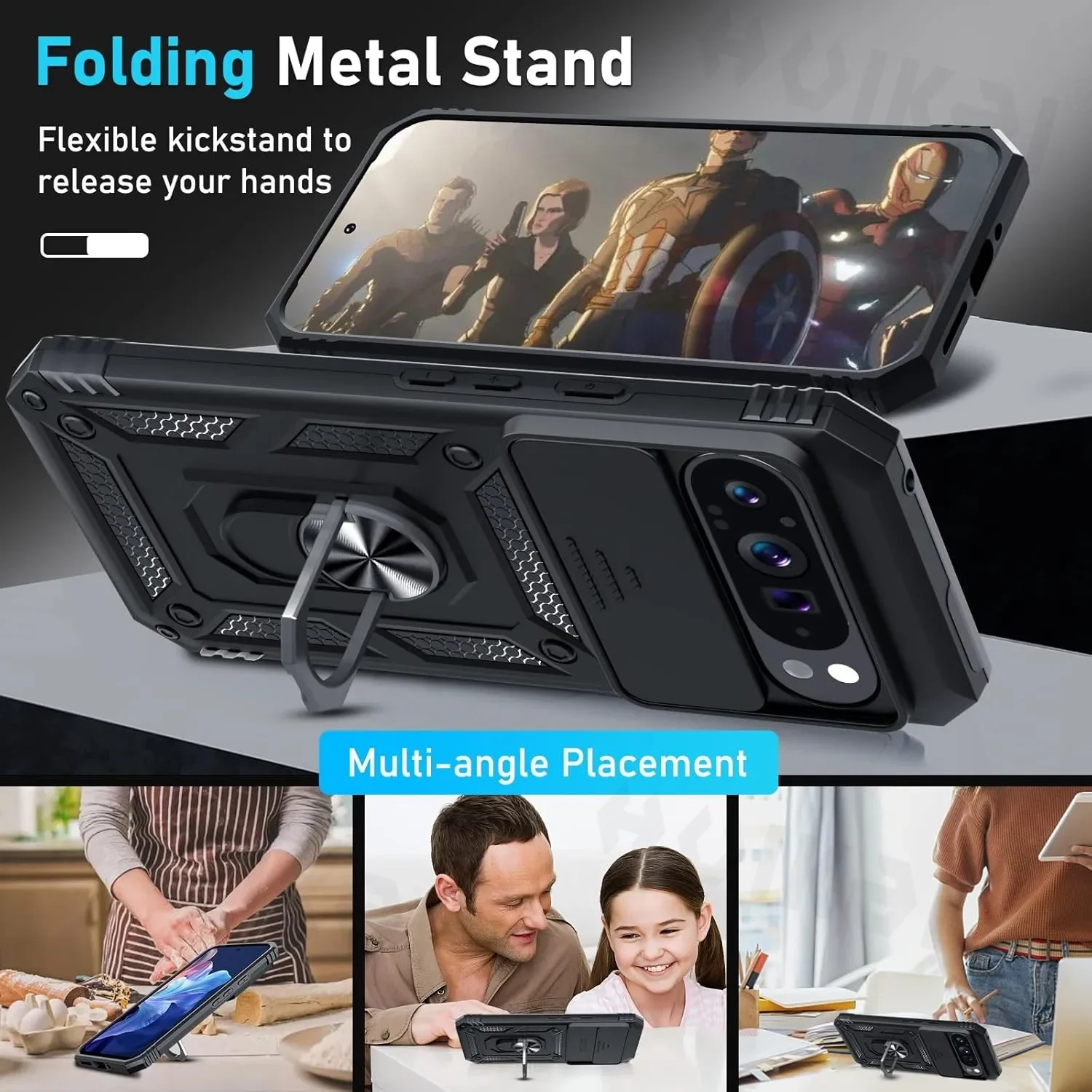 حافظة لهاتف جوجل بيكسل 9 برو XL 9 Pro 9 8A 8 Pro 7A عدسة كاميرا منزلقة حلقة عسكرية مسند مغناطيسي مصدات من الدرجة أغطية مدرعة