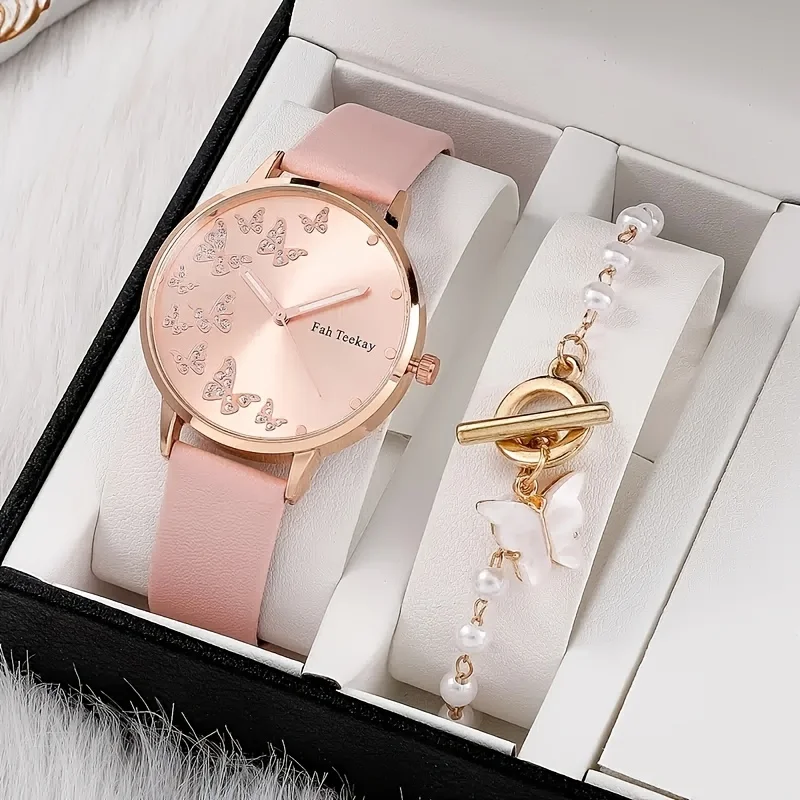 2pcs Girls Quartz Watch & Butterfly Pendant Bracelet Gift Fancy Women Watches Jewelry Sophisticated And Stylish Women Watch