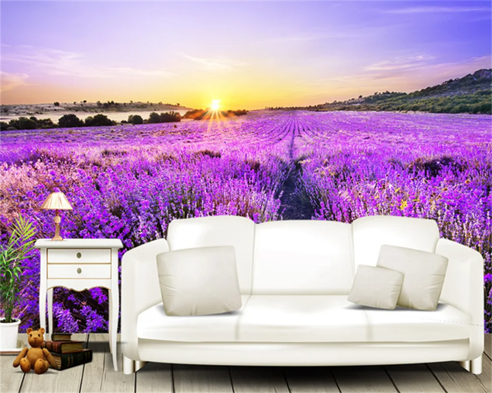 Custom Wallpaper Romantic Purple Lavender Flower Field Golden Sunrise Bedroom Sofa Background Wall Decorative Painting Mural