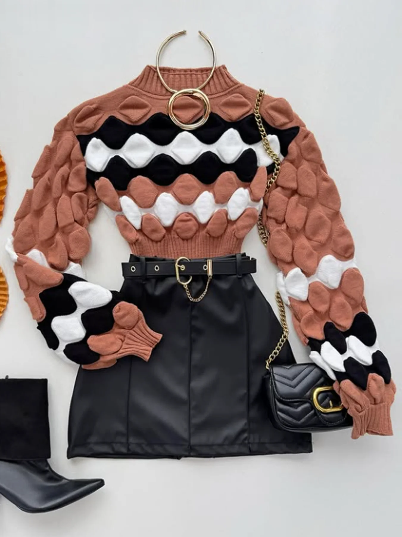 Fashion Bubble Pattern Contrast Color Pullover Long Sleeve Sweater-Women's Tops Hot Wool Soft Knitting