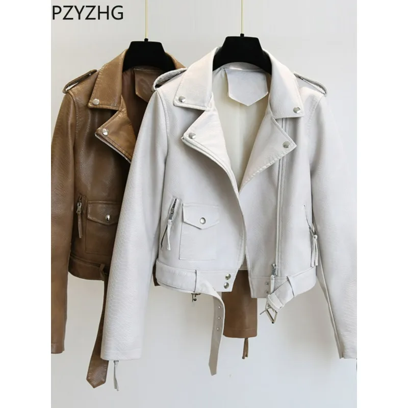 2023 New Style Spring Autumn Faux Leather Jacket Slim Streetwear Khaki Leather Coat Biker Moto Jacket with Belt Female Outerwear