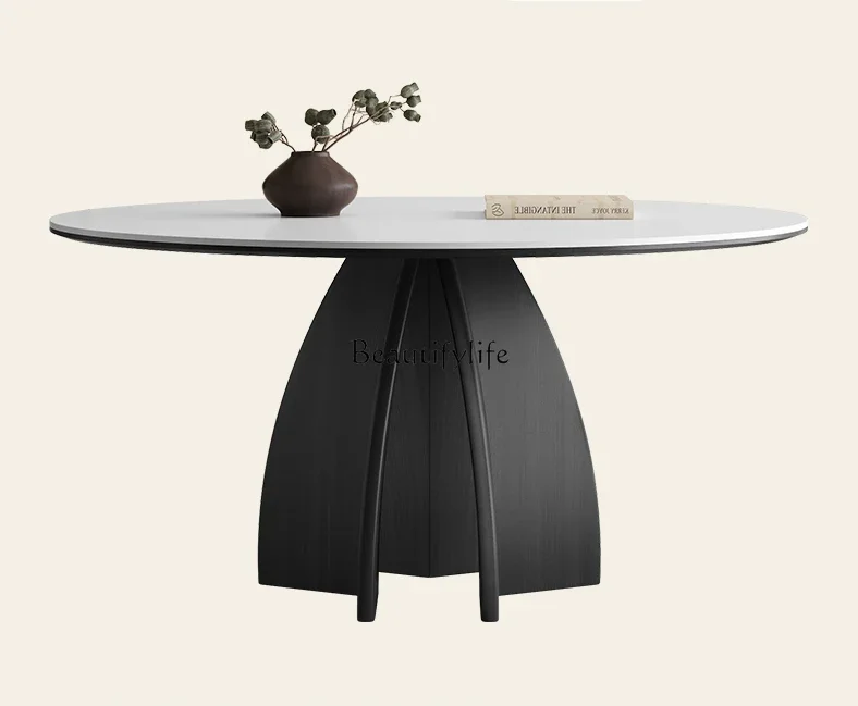 

LD33Solid Wood round Table with Turntable Modern Light Luxury Retro Style Pure White Stone Plate Solid Wood Dining Table