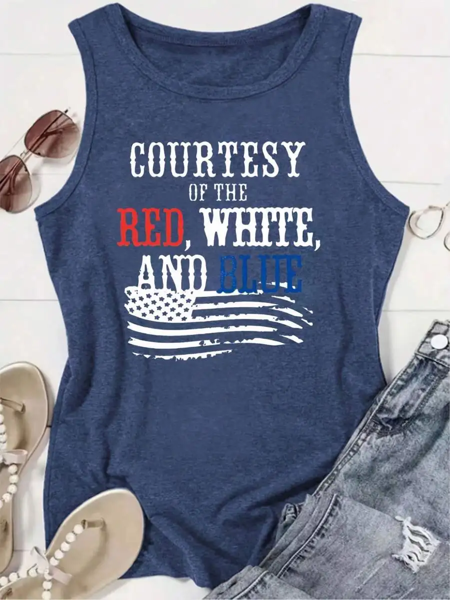Camiseta sin mangas con cuello redondo para mujer, con estampado rojo, blanco y azul, top holgado y cómodo para verano