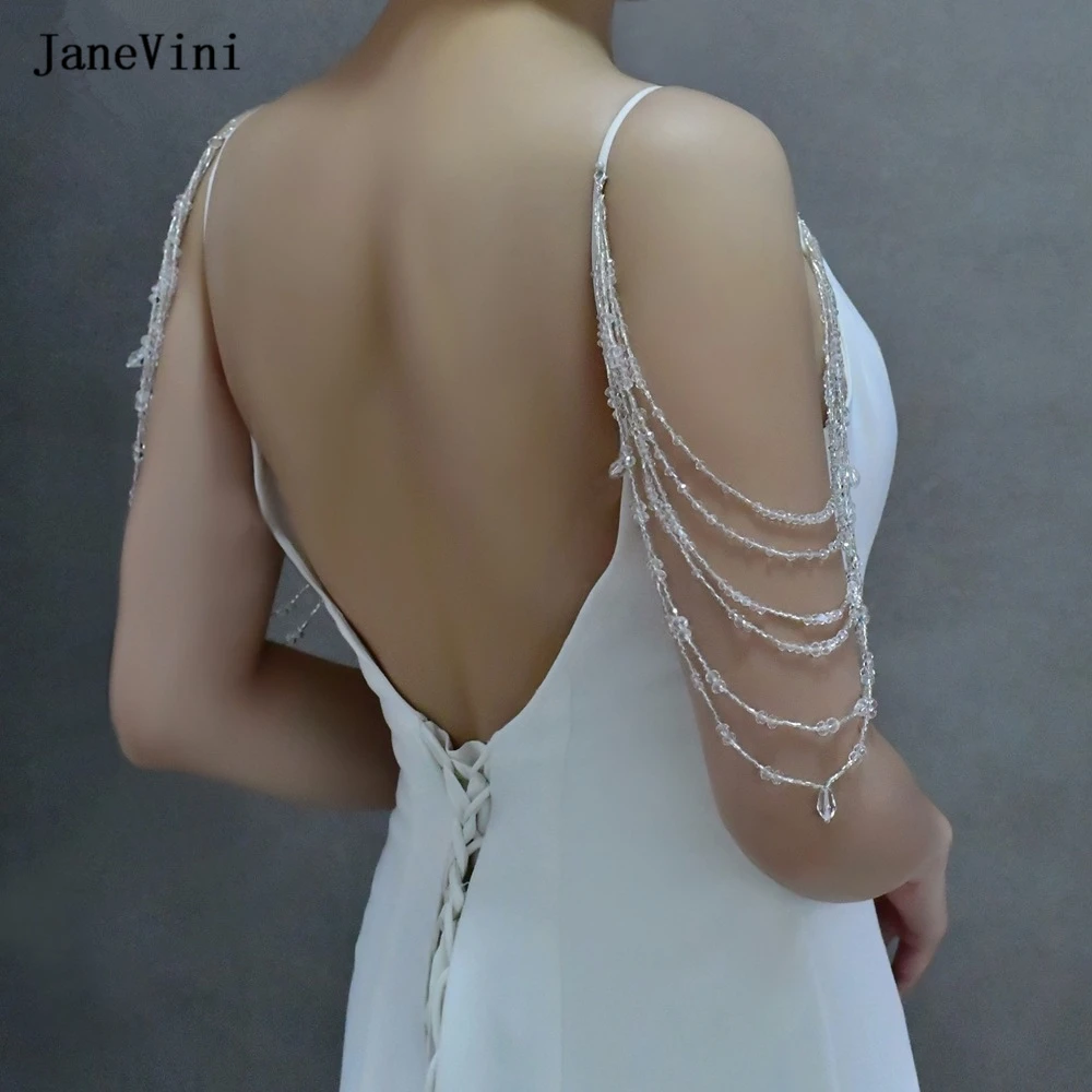 JaneVini Luxury Beaded Detachable Shoulder Back Chain for Wedding Dress Bridal Sling Shoulder Jewelry Crystal Women Party Dress