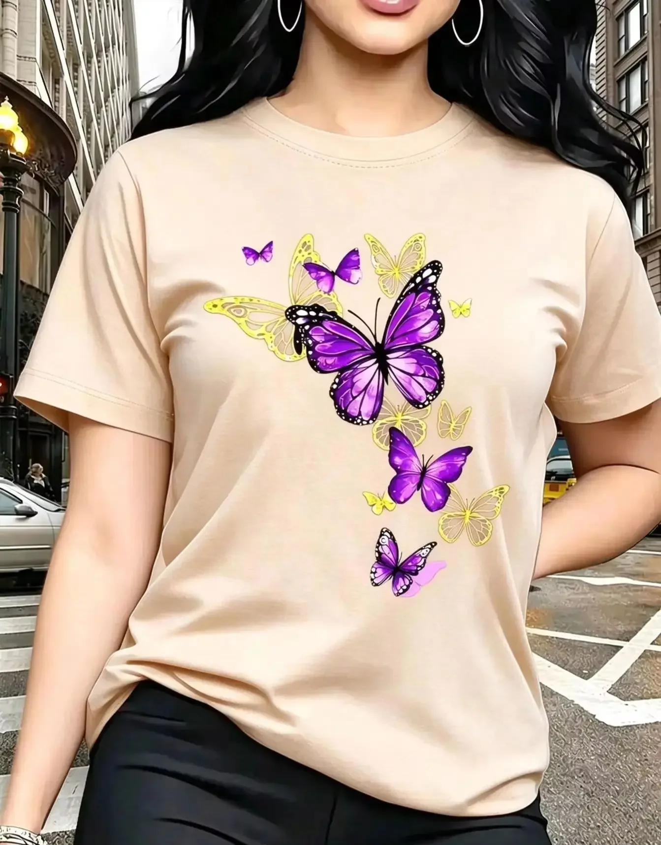 New T-shirt with Butterfly Pattern Print Round Neck Golden Element Design Exquisite and Gorgeous Breathable and Lightweight