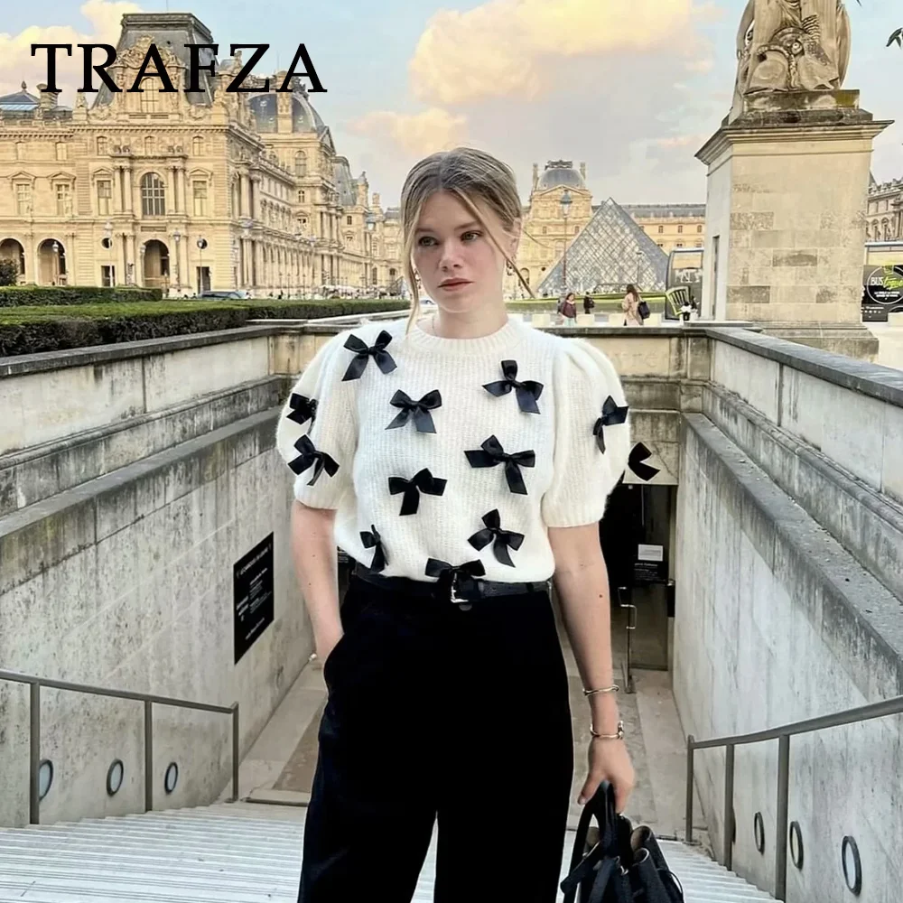 TRAFZA 2024 Wiosna Lato Casual Dzianinowe Swetry Damskie Moda Streetwear O Szyja Krótki Rękaw Kokarda Krawat Szykowne Swetry Damskie