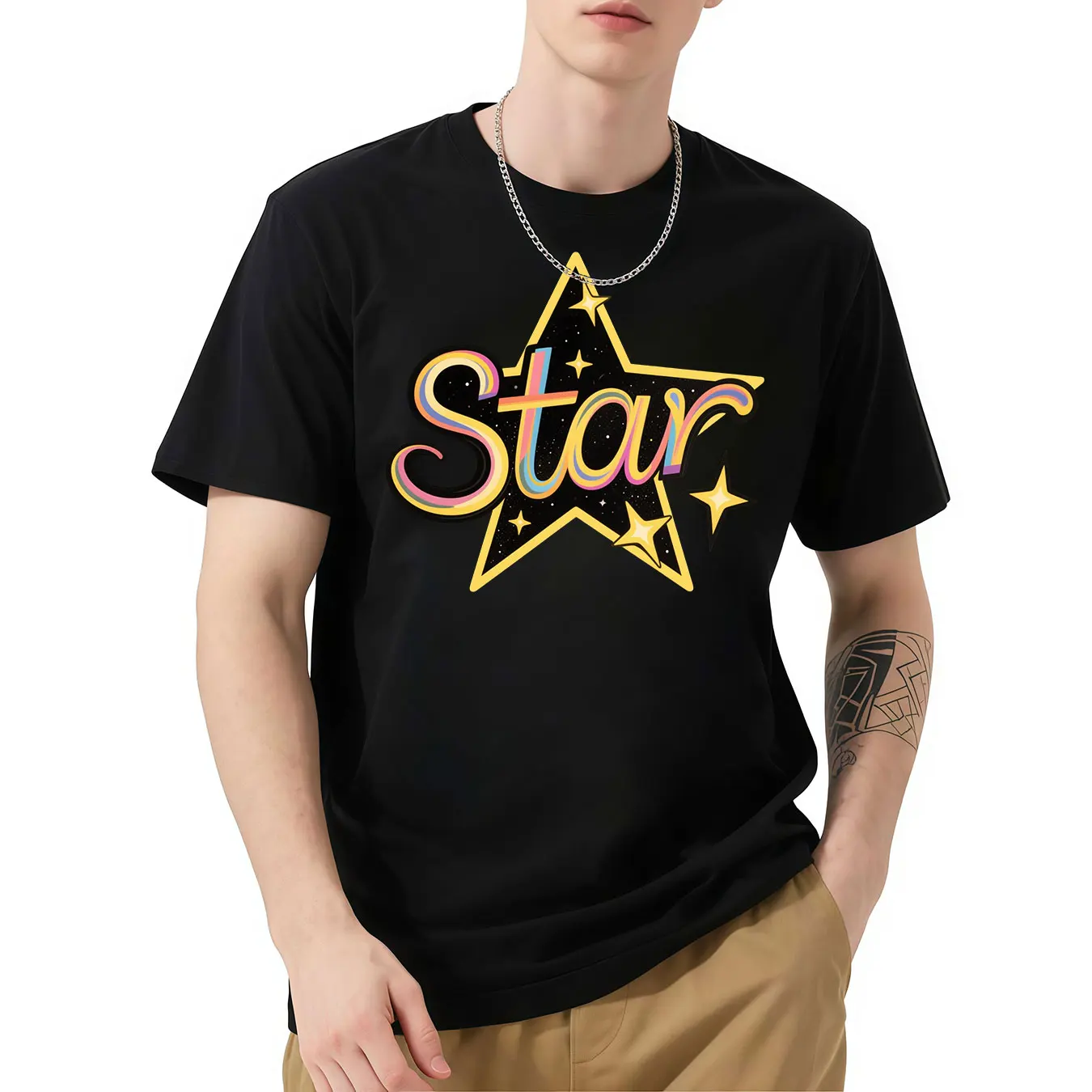 

Short - Sleeve Tee Featuring Star Graphic, Colorful and Trendy, Stylish Star - Themed Print, Perfect for Fashion Lovers, Comfort
