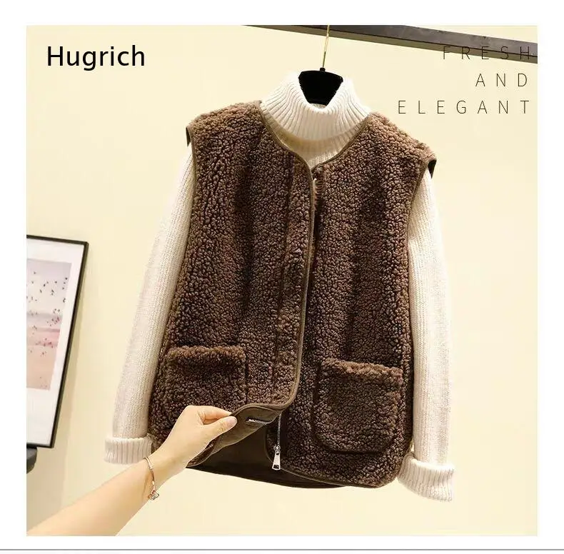 Women Korean Style Faux Lamb Wool Vest Versatile Sleeveless Waistcoat Faux Fur Integrated Plush Gilet Warm Outerwear For Autumn