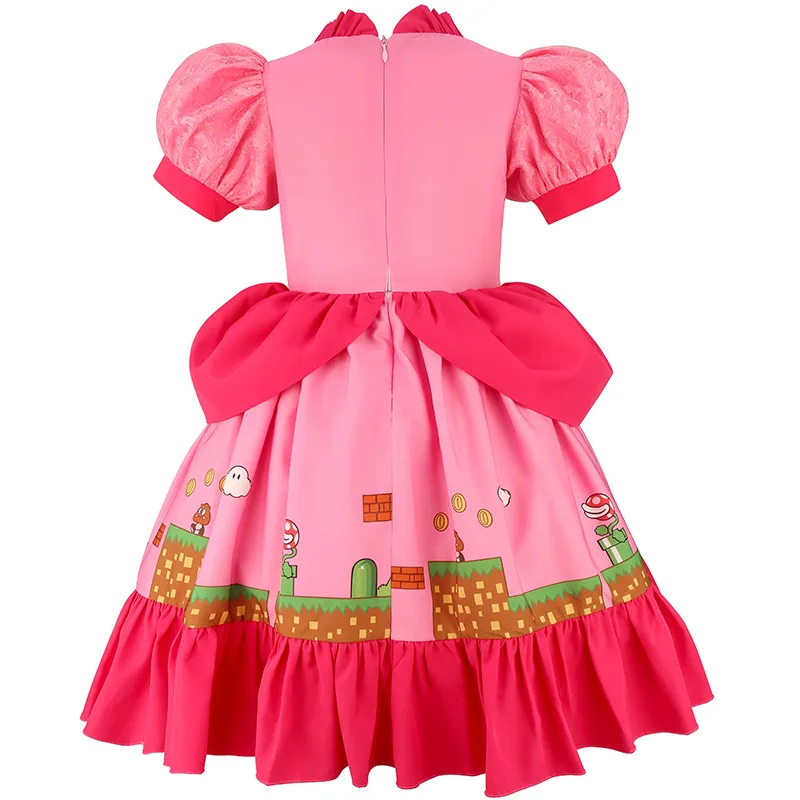Peach Dress Girls Cartoon Cosplay Children Halloween Outfits Summer Birthday Party Carnival Princess Stage Performance Dress Up