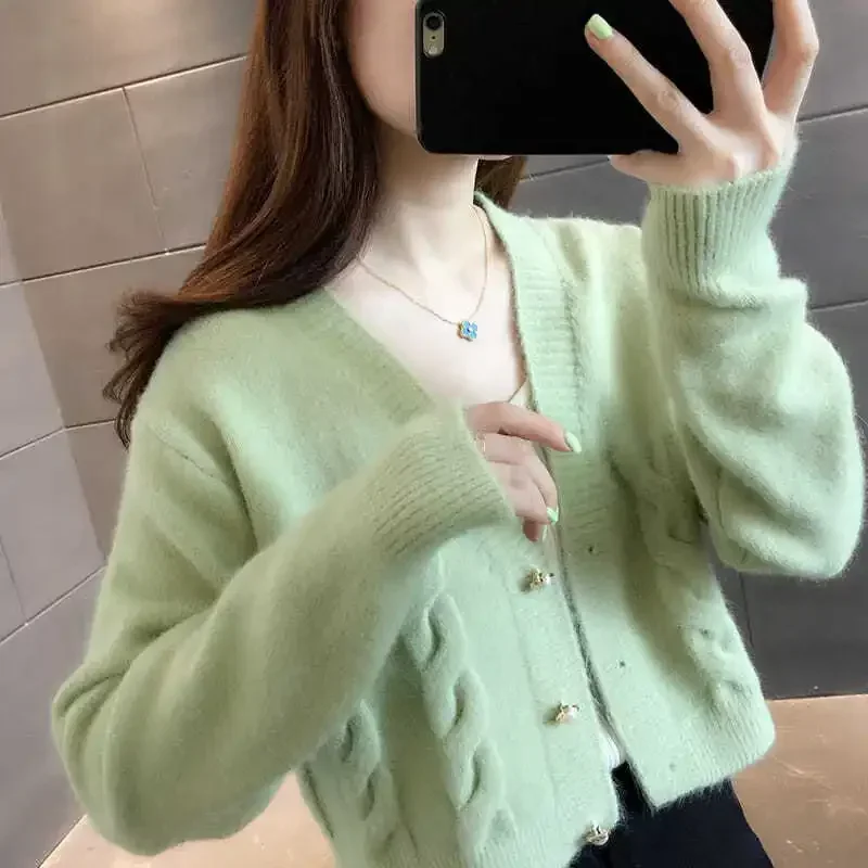 

Sweaters Women Autumn Cropped V-Neck Adult Standard Lady Knitwear Popular Solid New Purple Korean Style Lovely Cardigans