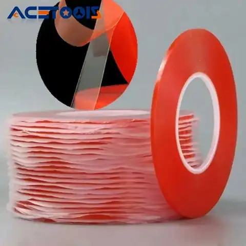 Film adhésif acrylique fort PET rouge, 0.2MM 1/2/3/5/10mm 50M, bande Double face transparente sans Trace pour téléphone tablette écran LCD verre