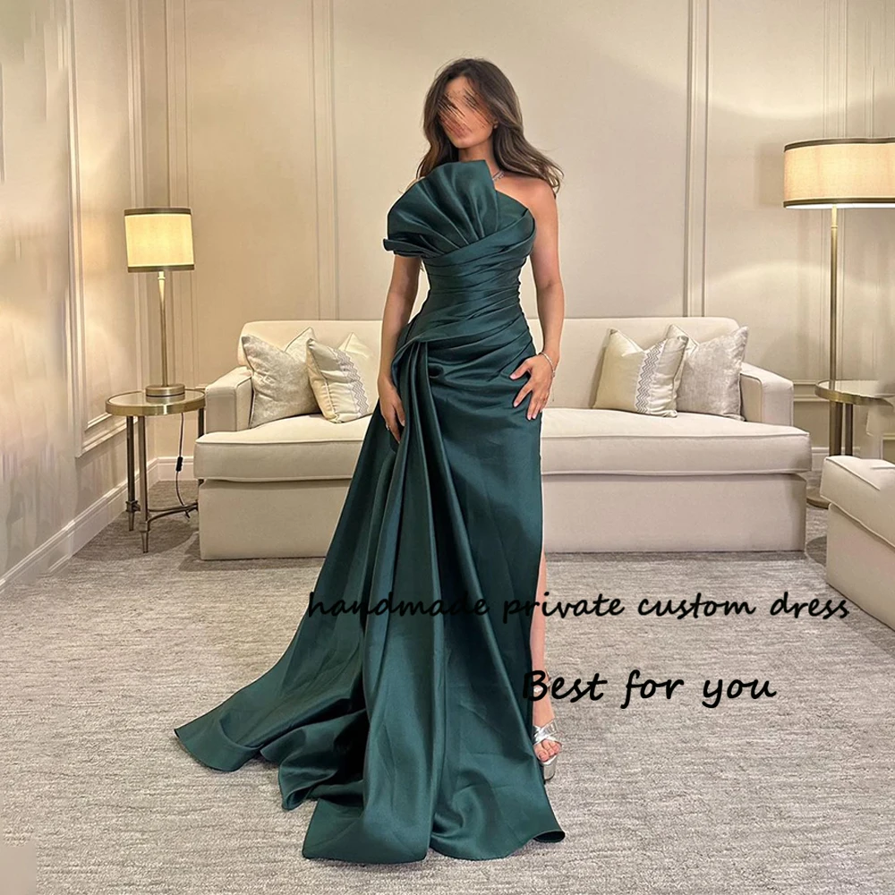 

Green Satin Mermaid Evening Dresses for Women Pleats Strapless Formal Dress with Train Long Arabian Dubai Prom Party Gowns