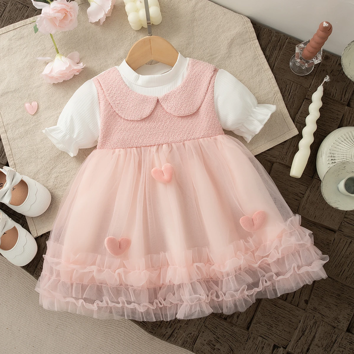 Baby Girl Dress Summer Cotton Heart Shaped Chiffon Bubble Sleeve Cartoon Girl Dress Cute Casual Beach Princess Dress Baby Clothe